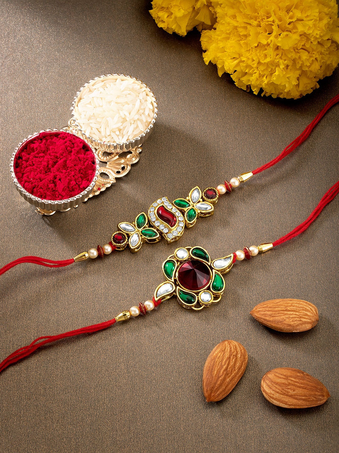 

Peora Red Set Of 2 Kundan Beads Raksha Bandhan Rakhi with Chawal Roli Greeting Card