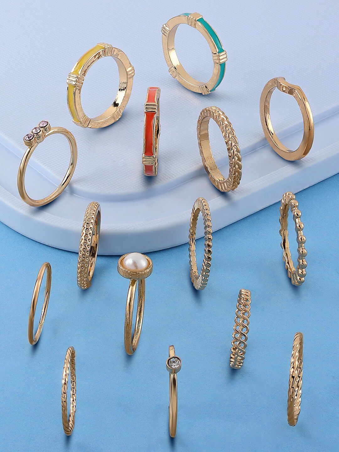

AMI Set Of 15 Gold-Plated Stone-Studded & Beaded Finger Rings