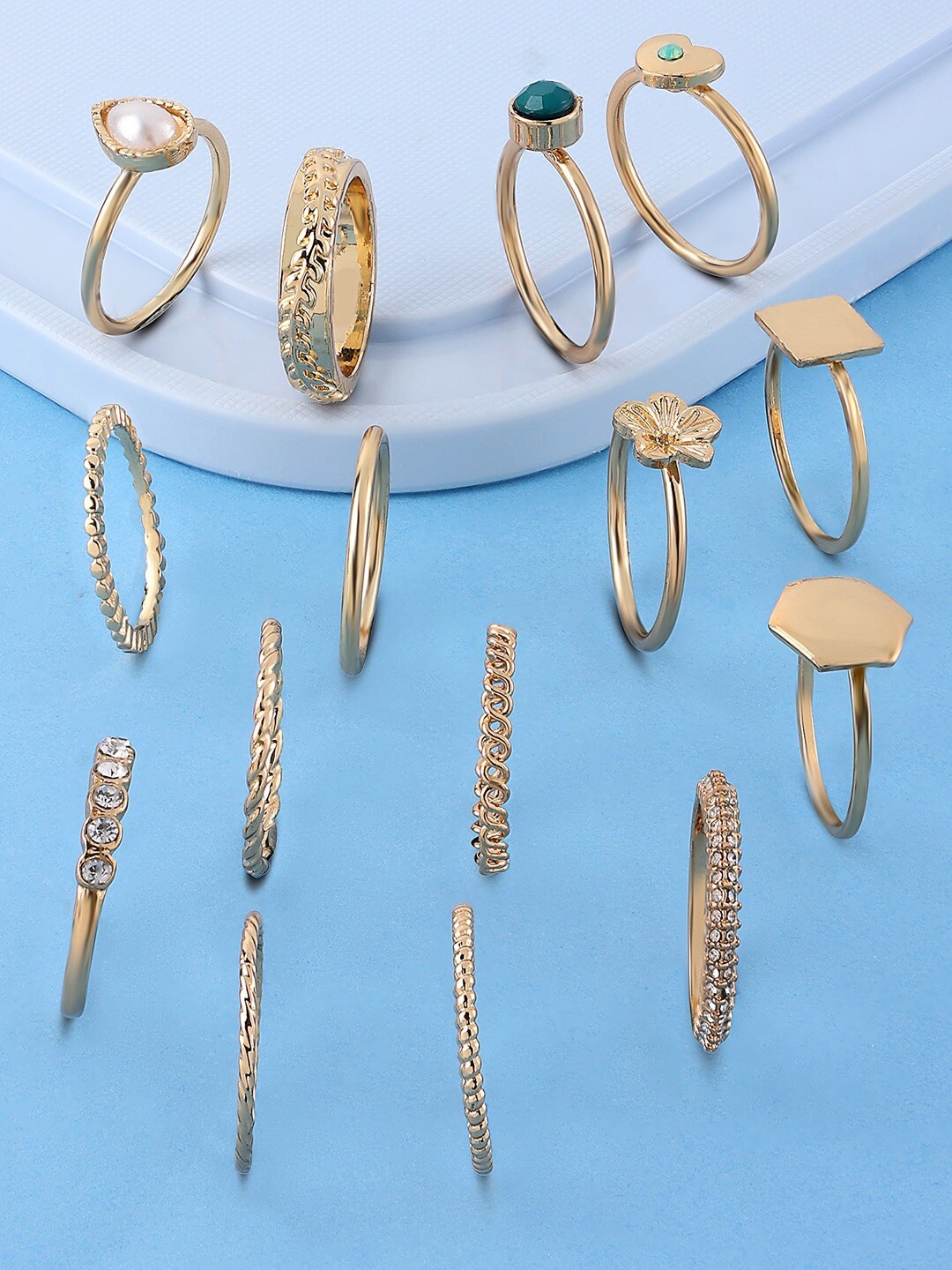 

AMI Set of 15 Gold-Plated Green & White Stone Studded Stackable Finger Rings