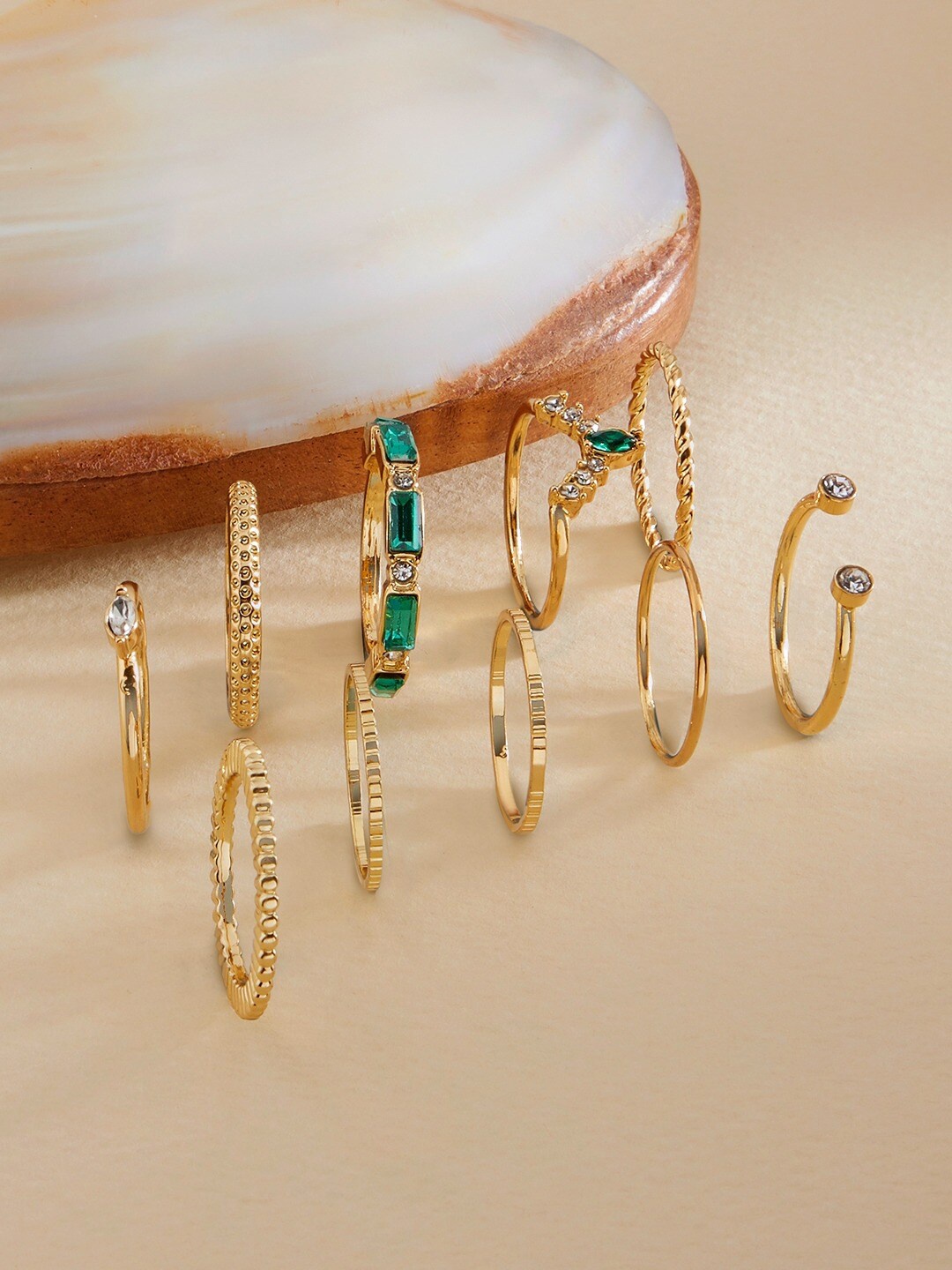 

AMI Set of 10 Gold-Plated Green & White Stone Studded Stackable Finger Rings