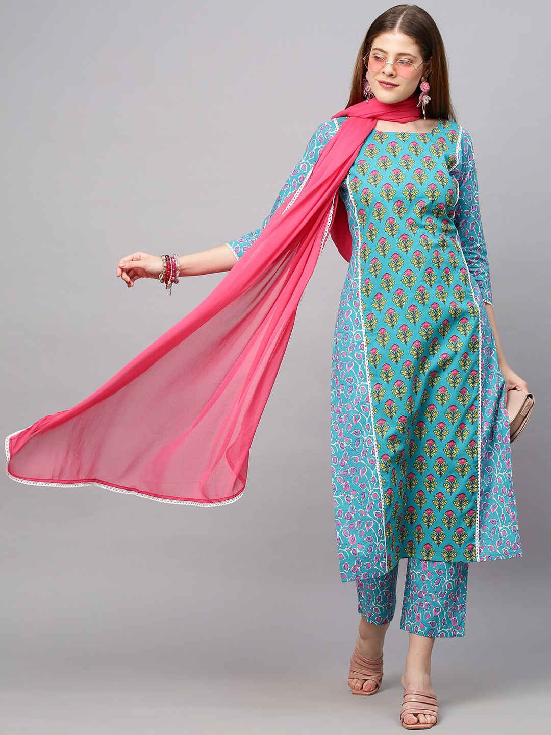 

KALINI Women Blue Straight Printed Kurta with Trouser & with Dupatta