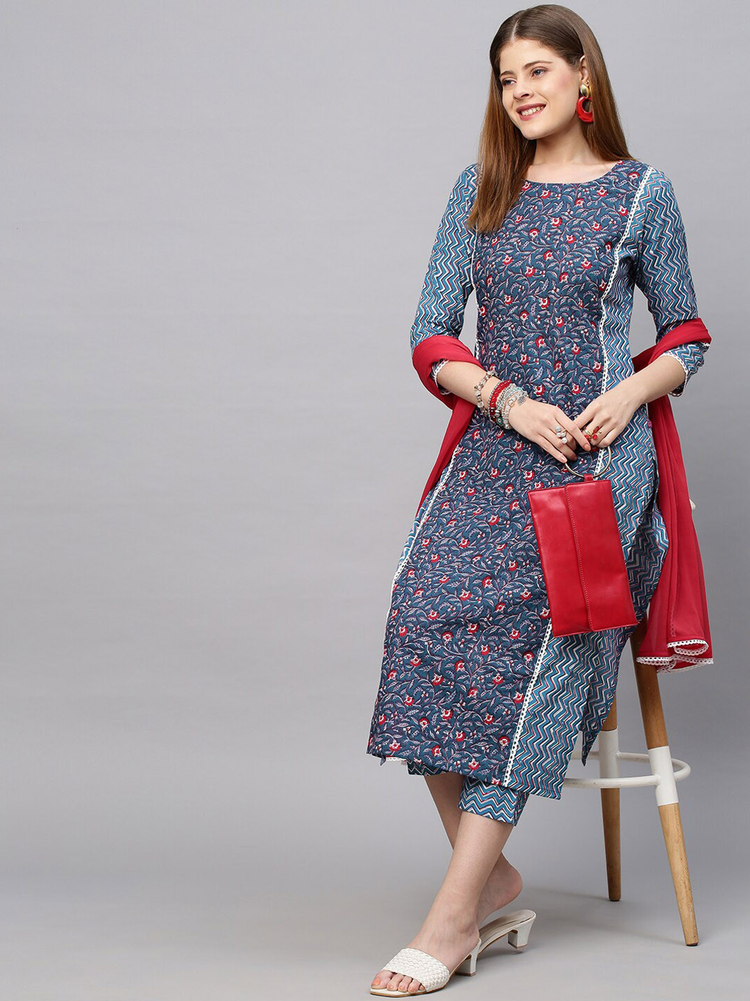 

KALINI Women Blue Printed Straight Kurta with Trouser & Dupatta