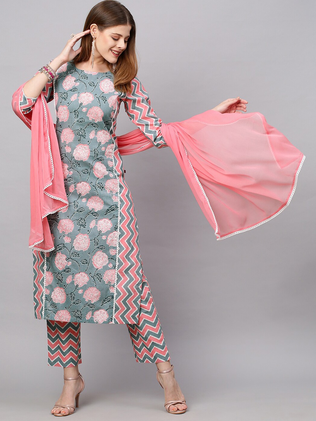 

KALINI Women Grey Printed Kurta with Trousers & With Dupatta