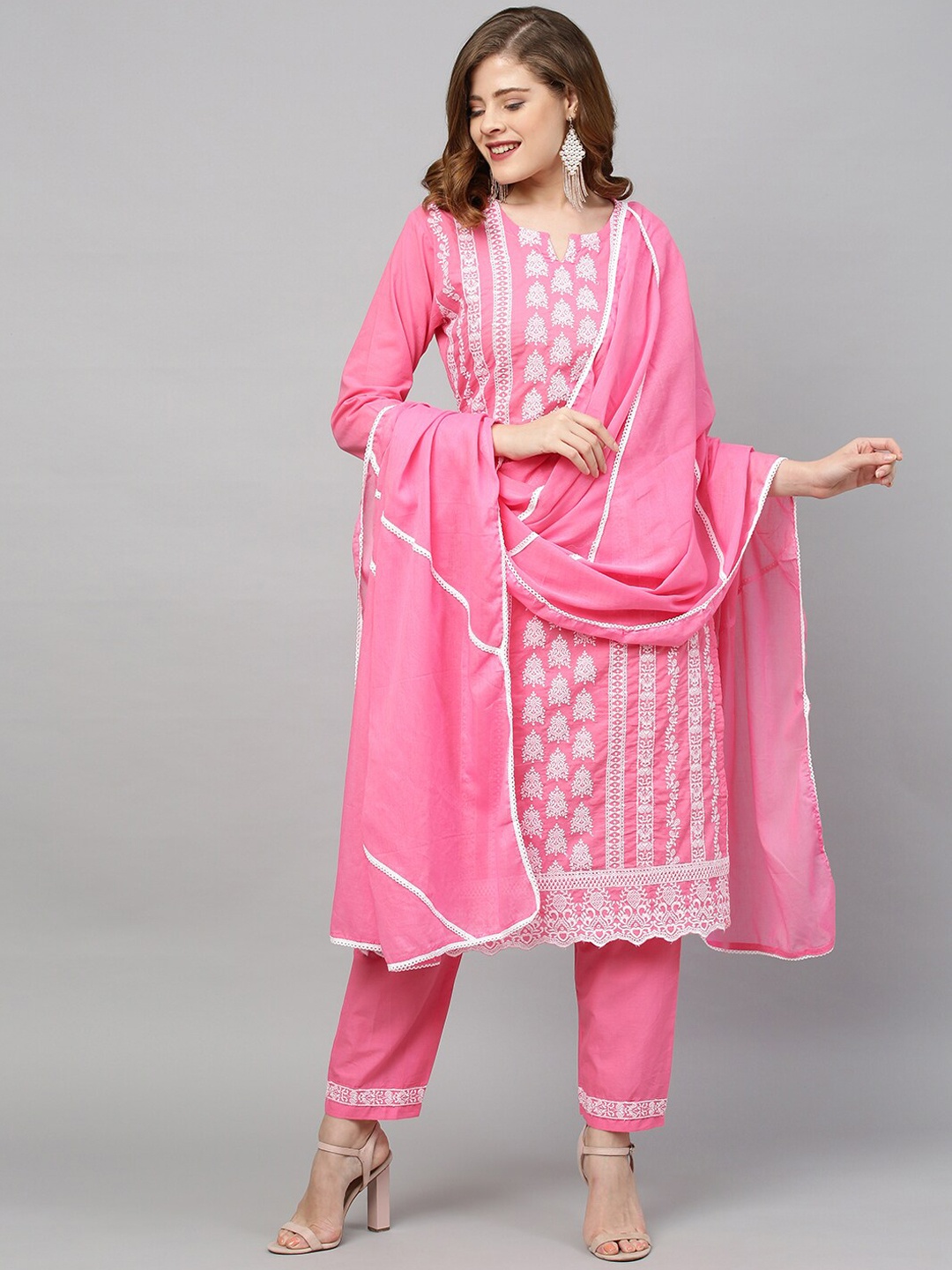 

FASHOR Women Pink Empire Thread Work Pure Cotton Kurta with Trousers & With Dupatta