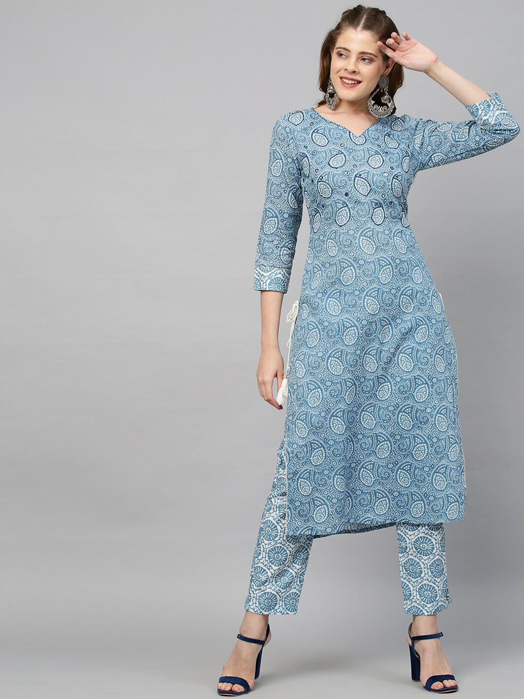 

FASHOR Women Blue Dyed Pleated Mirror Work Pure Cotton Kurti with Sharara & With Dupatta