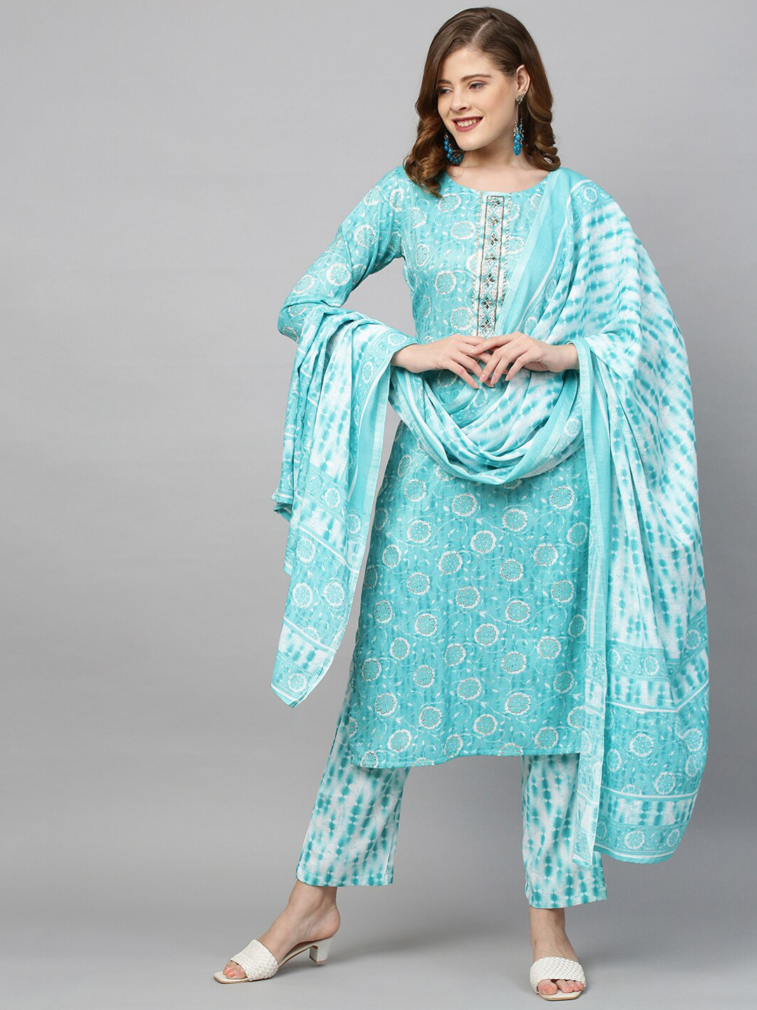 

FASHOR Women Blue Ethnic Motifs Embroidered Layered Beads and Stones Kurti with Trousers & With Dupatta
