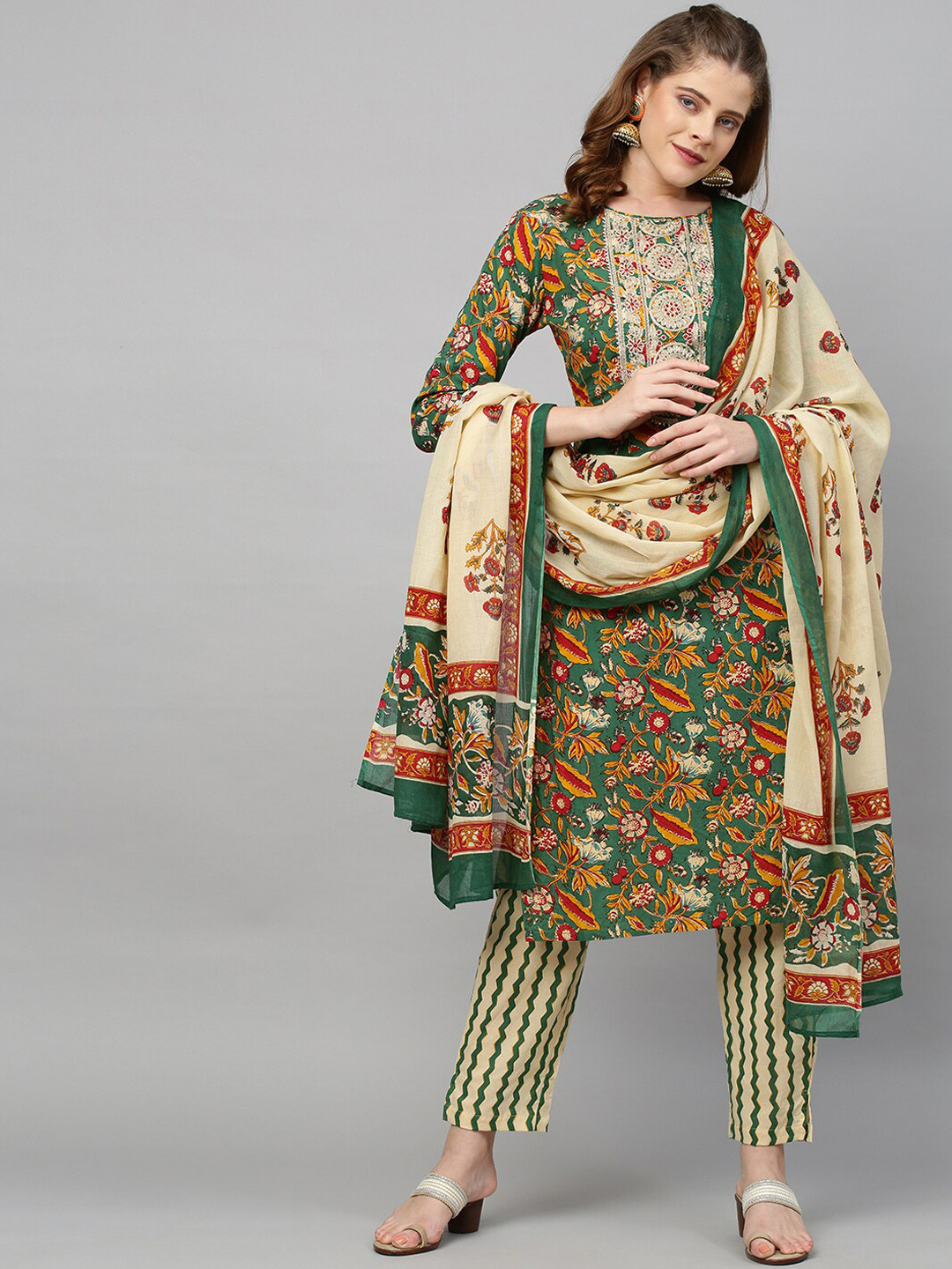

FASHOR Women Green Ethnic Motifs Printed Layered Thread Work Pure Cotton Kurta with Trousers & With Dupatta