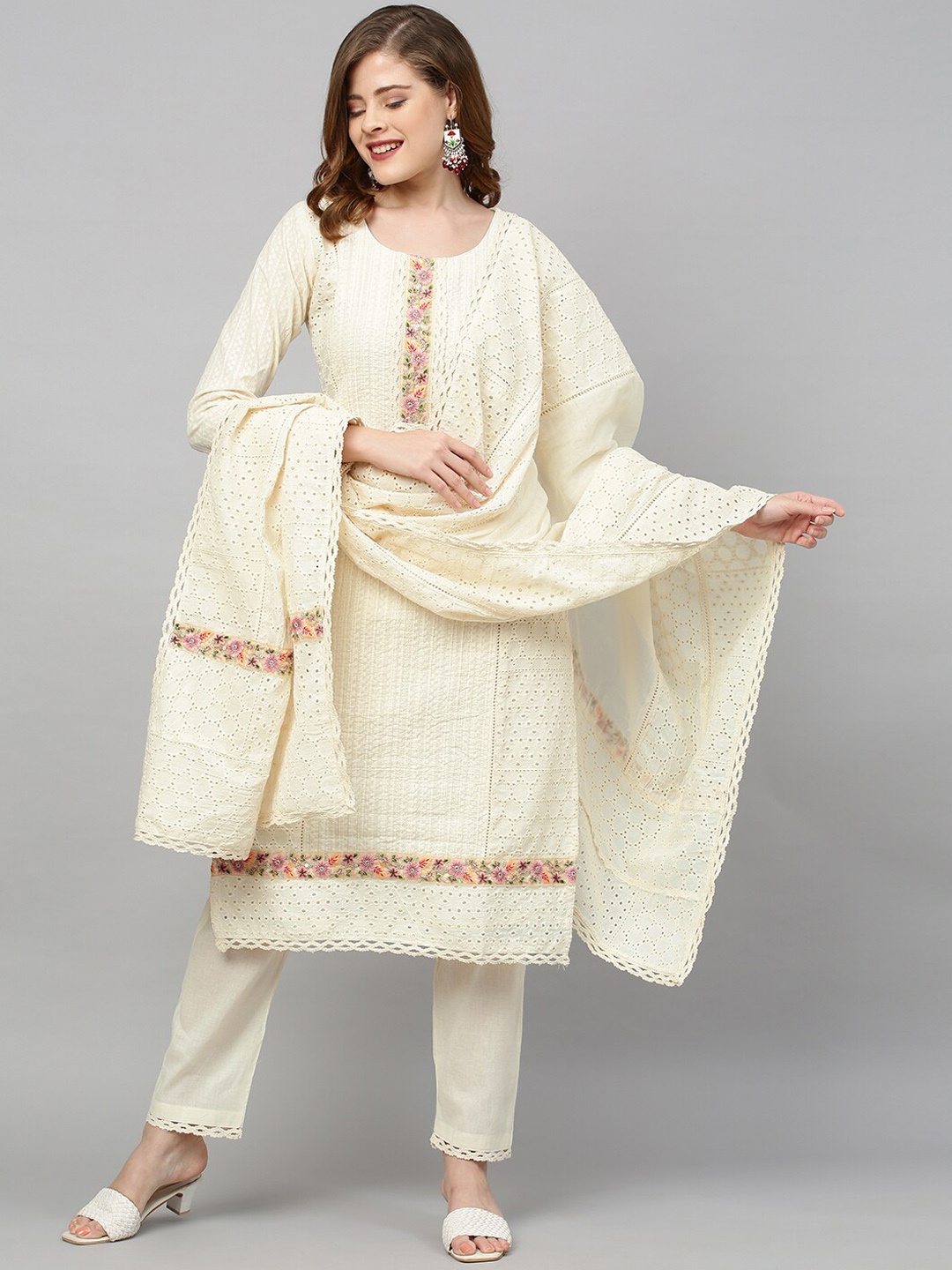 

FASHOR Women Off White Ethnic Motifs Embroidered Sequinned Pure Cotton Kurta with Trousers & With Dupatta