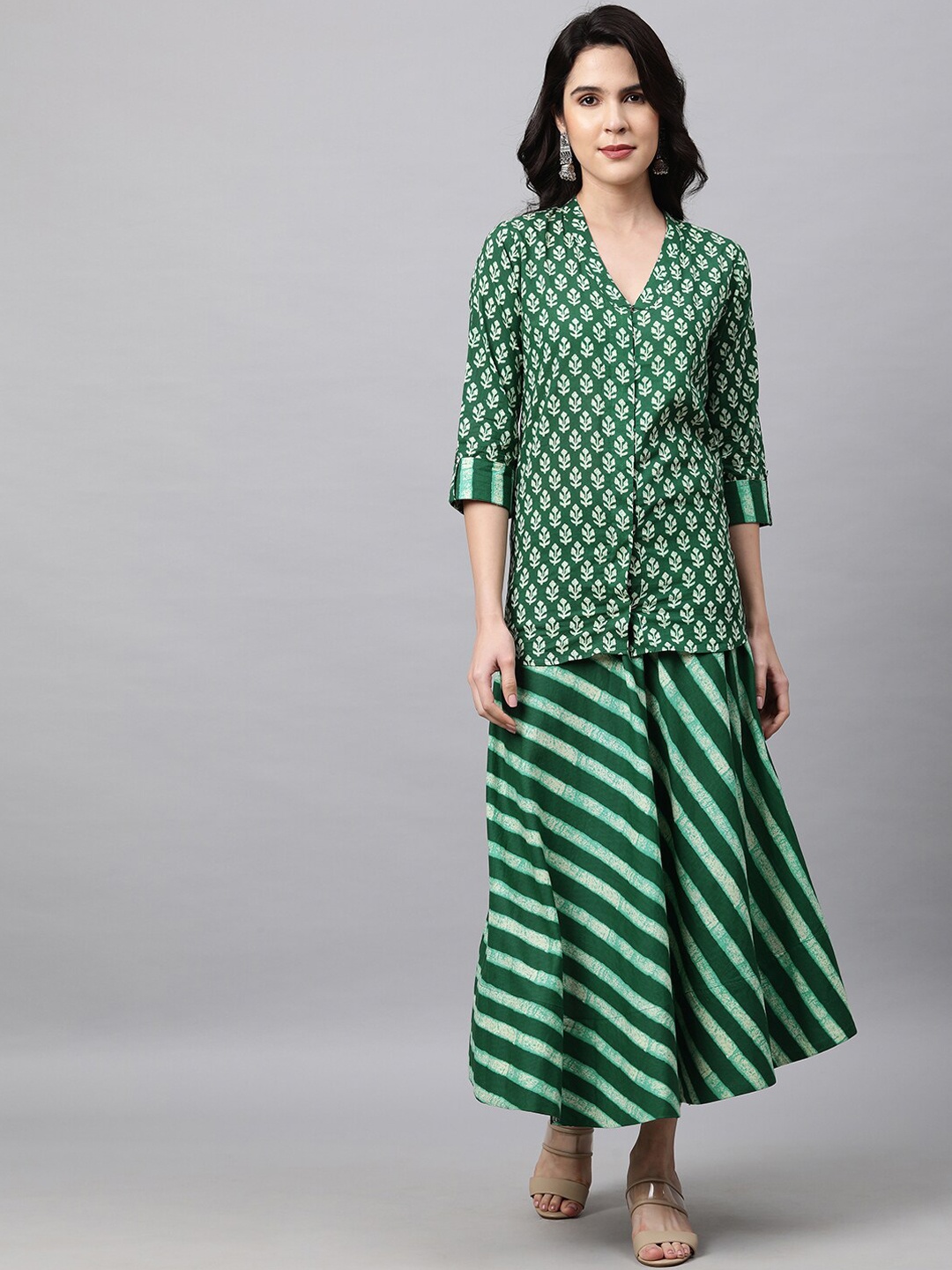 

FASHOR Women Green Pure Cotton Kurti with Skirt & With Dupatta
