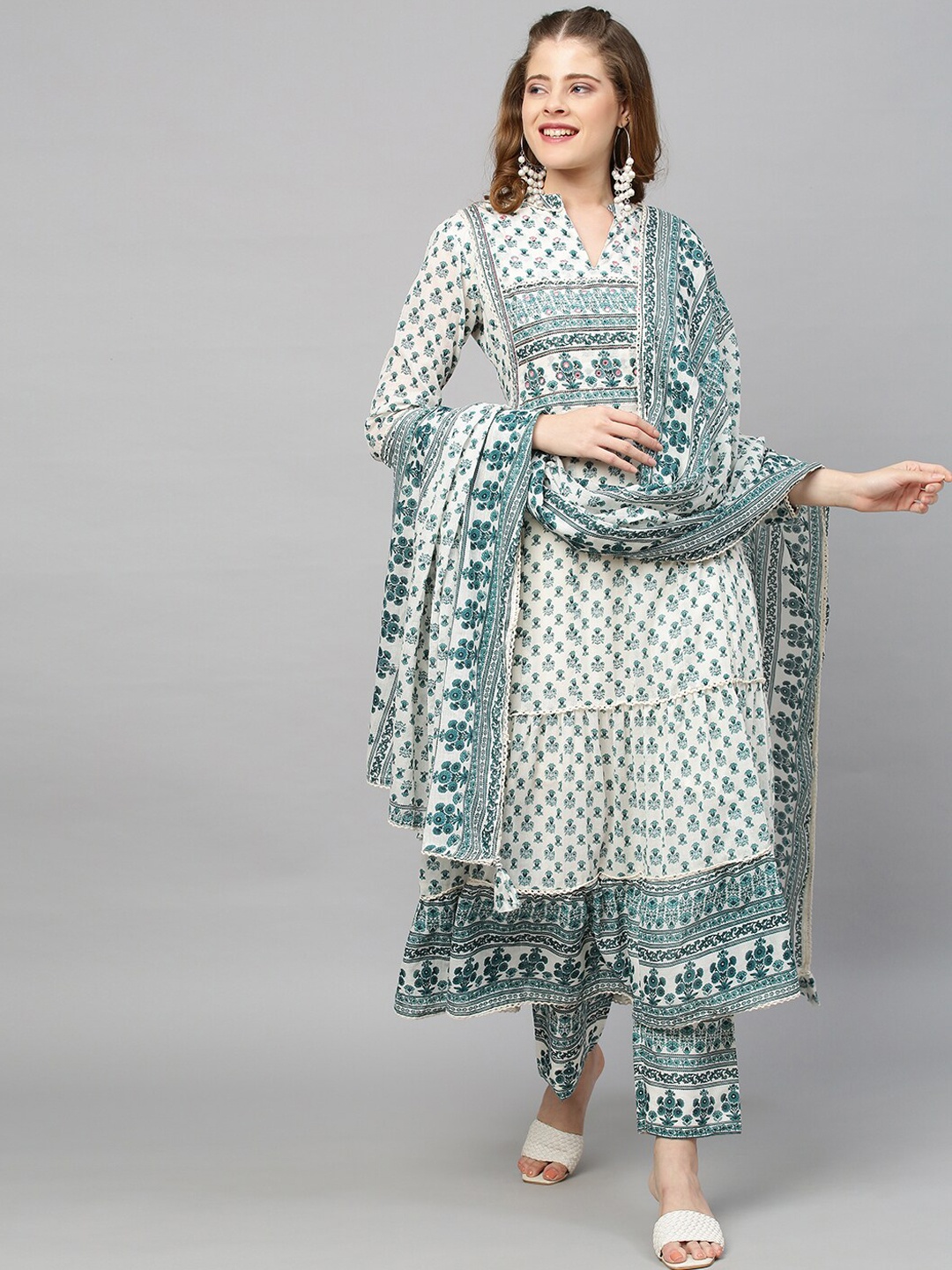 

FASHOR Women Off White Ethnic Motifs Panelled Mirror Work Pure Cotton Kurta with Trousers & With Dupatta