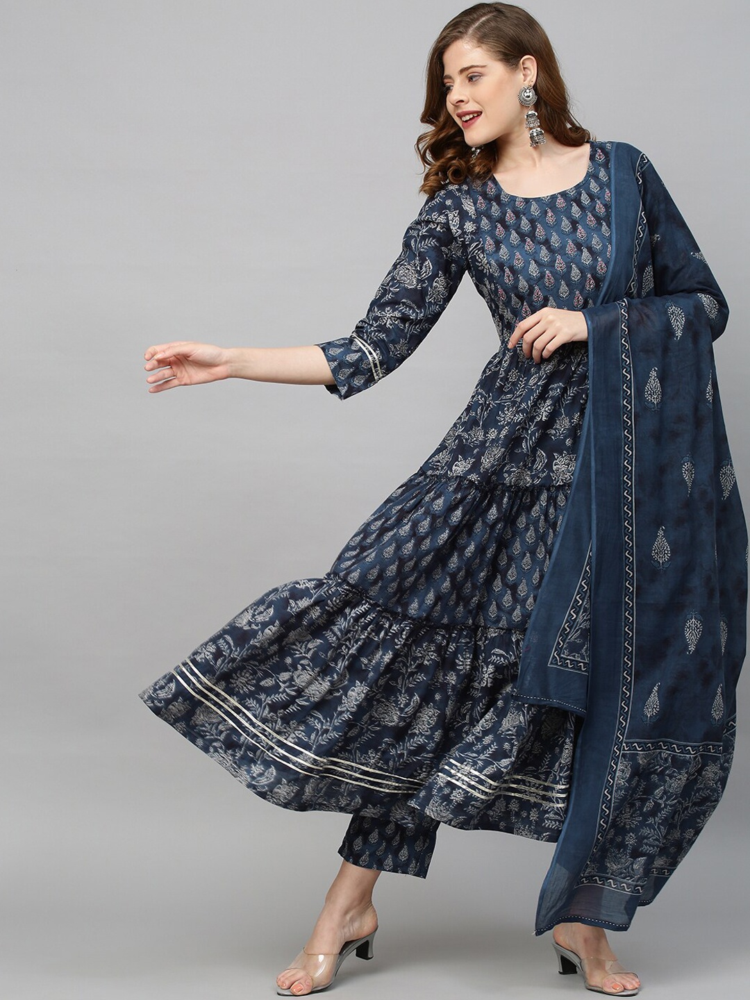 

FASHOR Women Blue Ethnic Motifs Printed Beads and Stones Pure Cotton Kurti with Trousers & With Dupatta