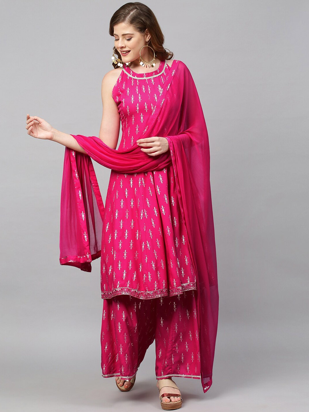 

FASHOR Women Pink Embroidered High Slit Kurti with Trousers