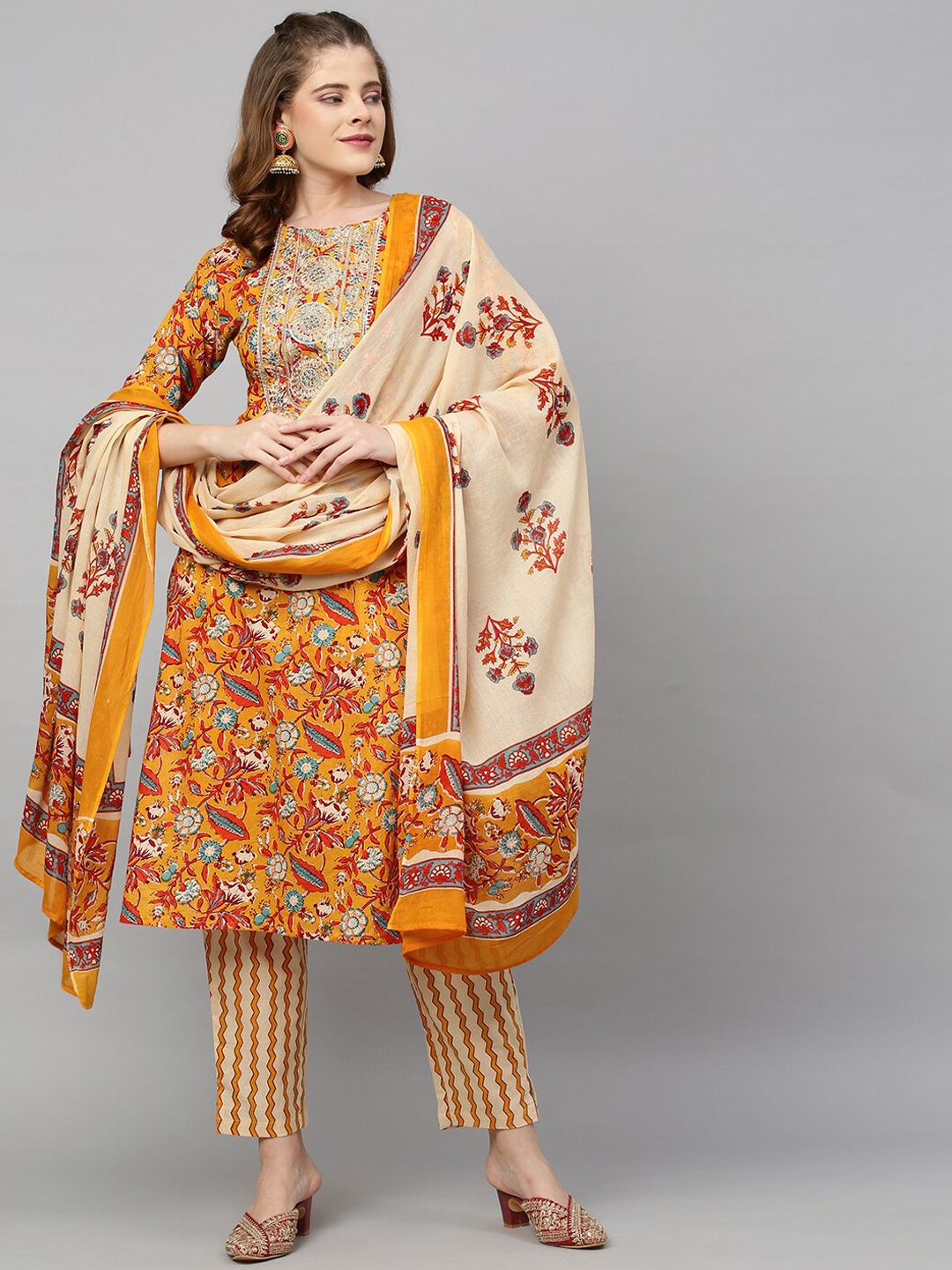 

FASHOR Women Yellow Printed Thread Work Pure Cotton Kurta with Palazzos & With Dupatta