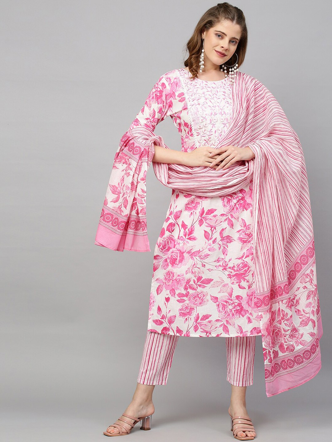 

FASHOR Women Pink Floral Printed Layered Thread Work Pure Cotton Kurti with Skirt