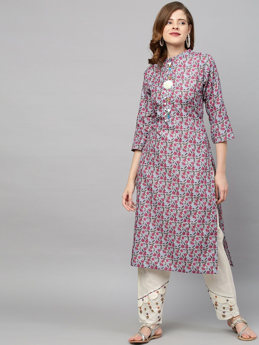 

FASHOR Women Blue Floral Printed Pure Cotton Kurta with Palazzos & With Dupatta
