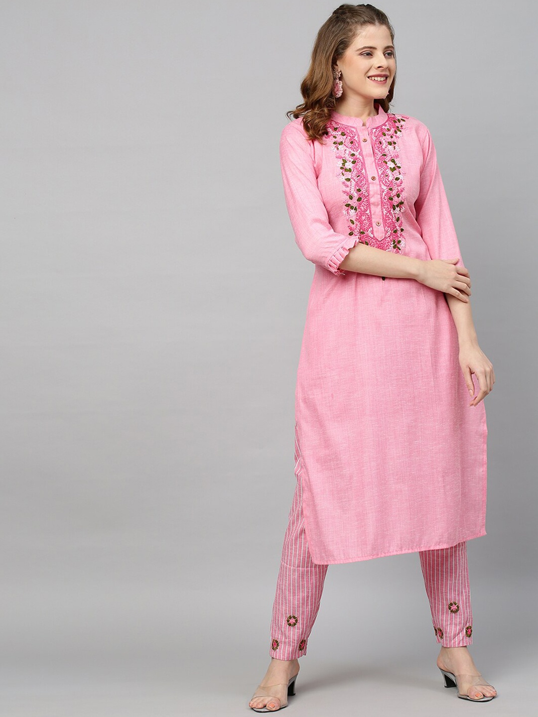 

FASHOR Women Pink Embroidered Sequinned Pure Cotton Kurti with Churidar & With Dupatta