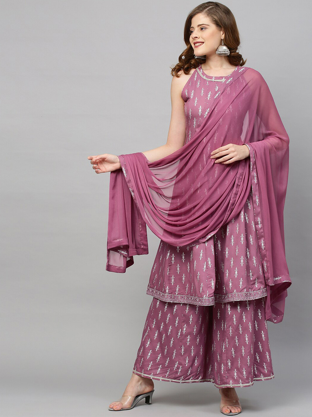 

FASHOR Women Purple Embroidered Layered Kurta with Palazzos & With Dupatta