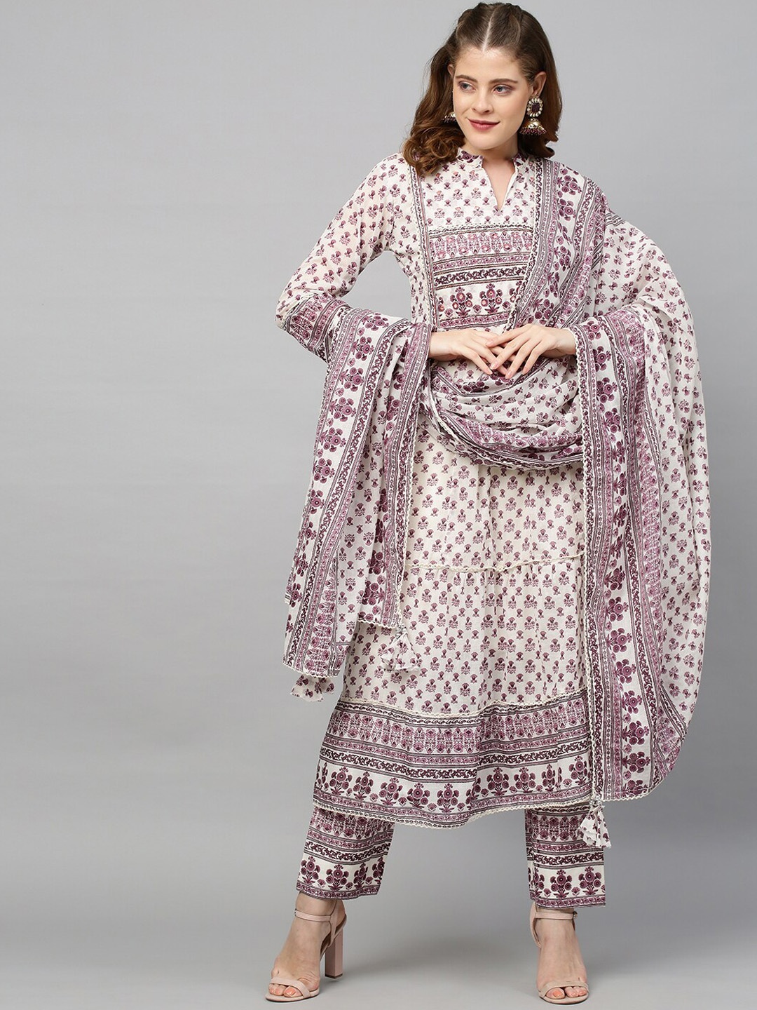 

FASHOR Women Off White Printed Empire Mirror Work Pure Cotton Kurta with Trousers & With Dupatta