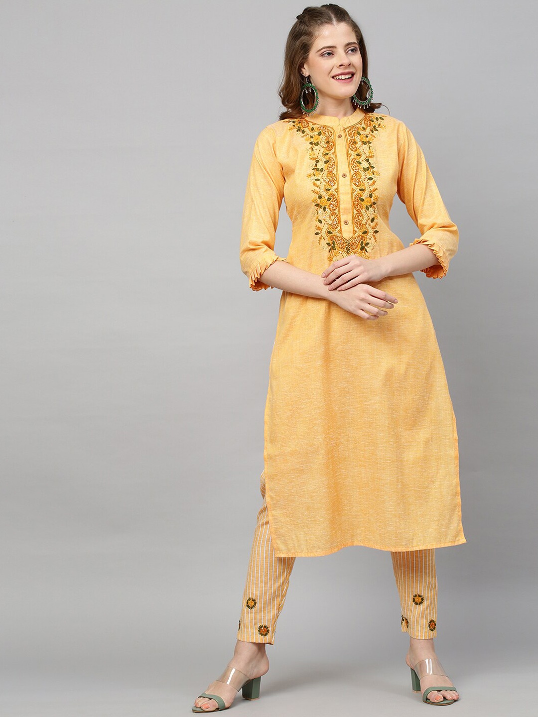 

FASHOR Women Yellow Striped Sequinned Pure Cotton Kurti with Churidar