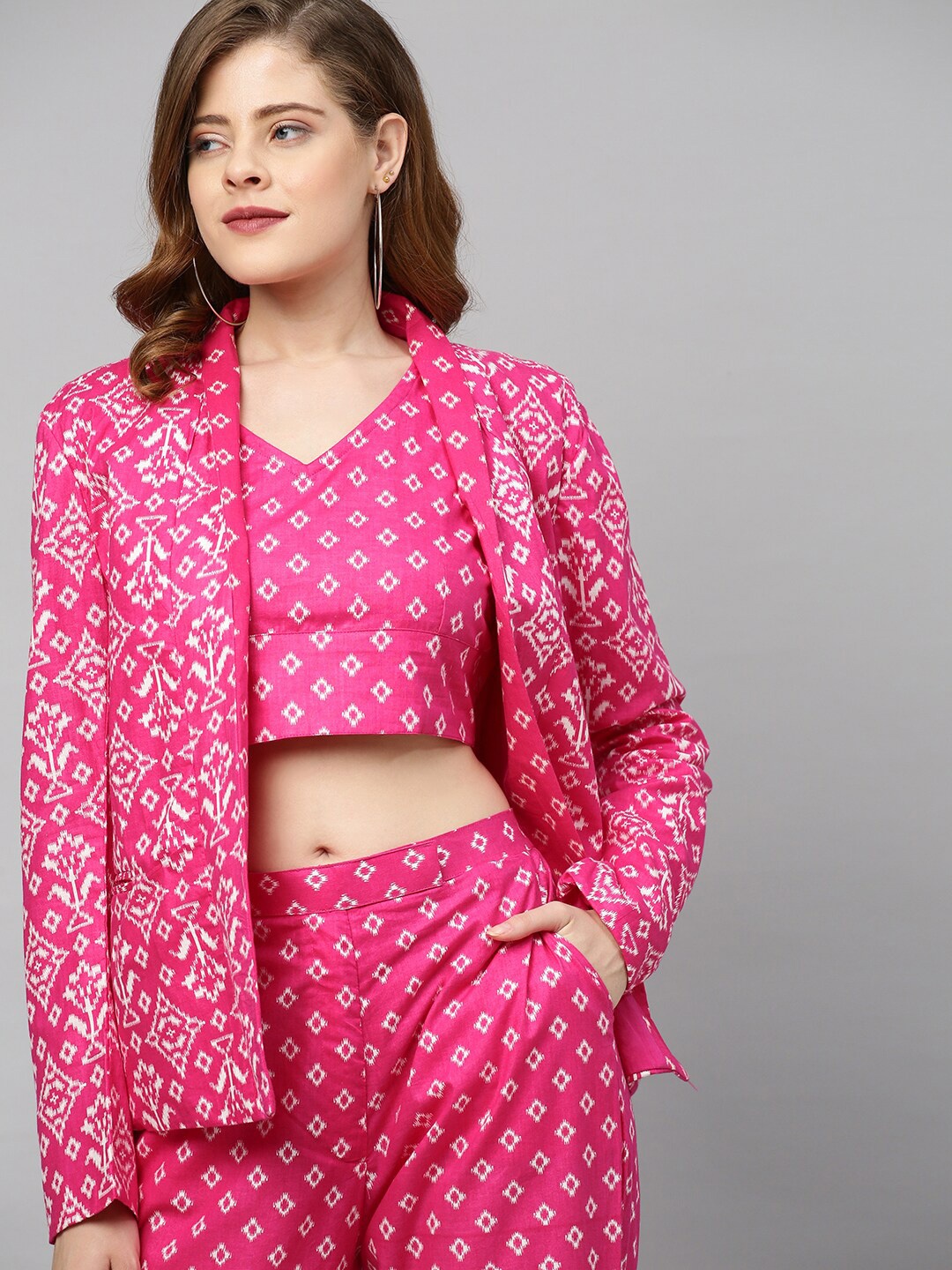 

FASHOR Women Pink & White Printed Top with Trousers & Blazer