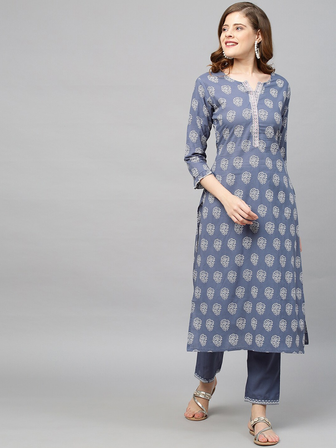 

FASHOR Women Blue Striped Thread Work Pure Cotton Kurta with Trousers