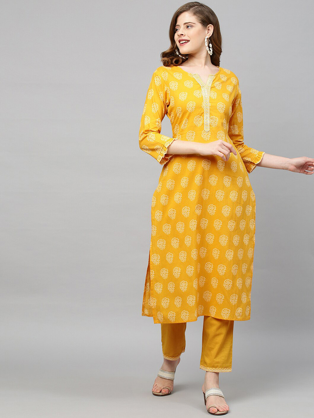 

FASHOR Women Yellow Ethnic Motifs Printed Thread Work Pure Cotton Kurta with Palazzos