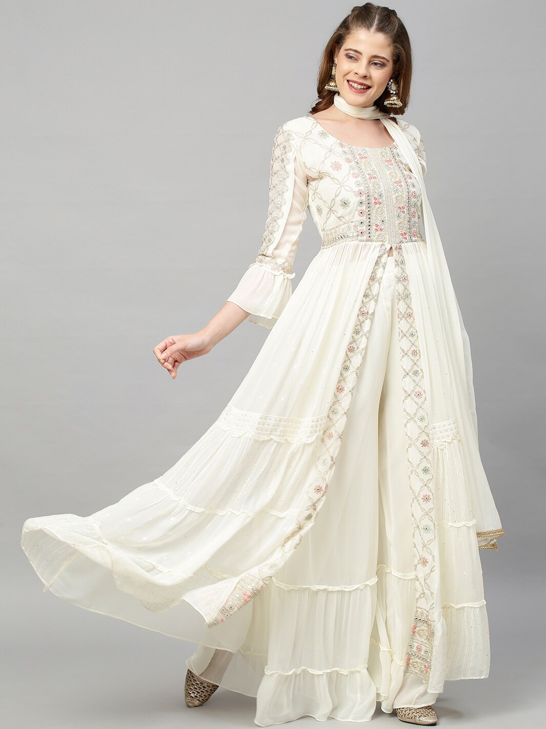 

FASHOR Women Cream-Coloured Yoke Design Panelled Sequinned Kurta with Trousers