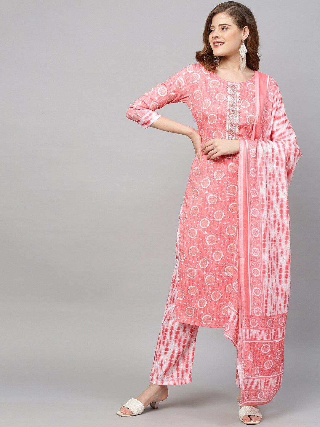 

FASHOR Women Pink Floral Printed Beads and Stones Kurta with Palazzos & With Dupatta