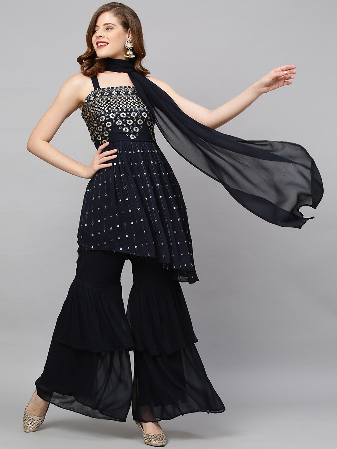 

FASHOR Women Navy Blue Layered Sequinned Kurta with Palazzos