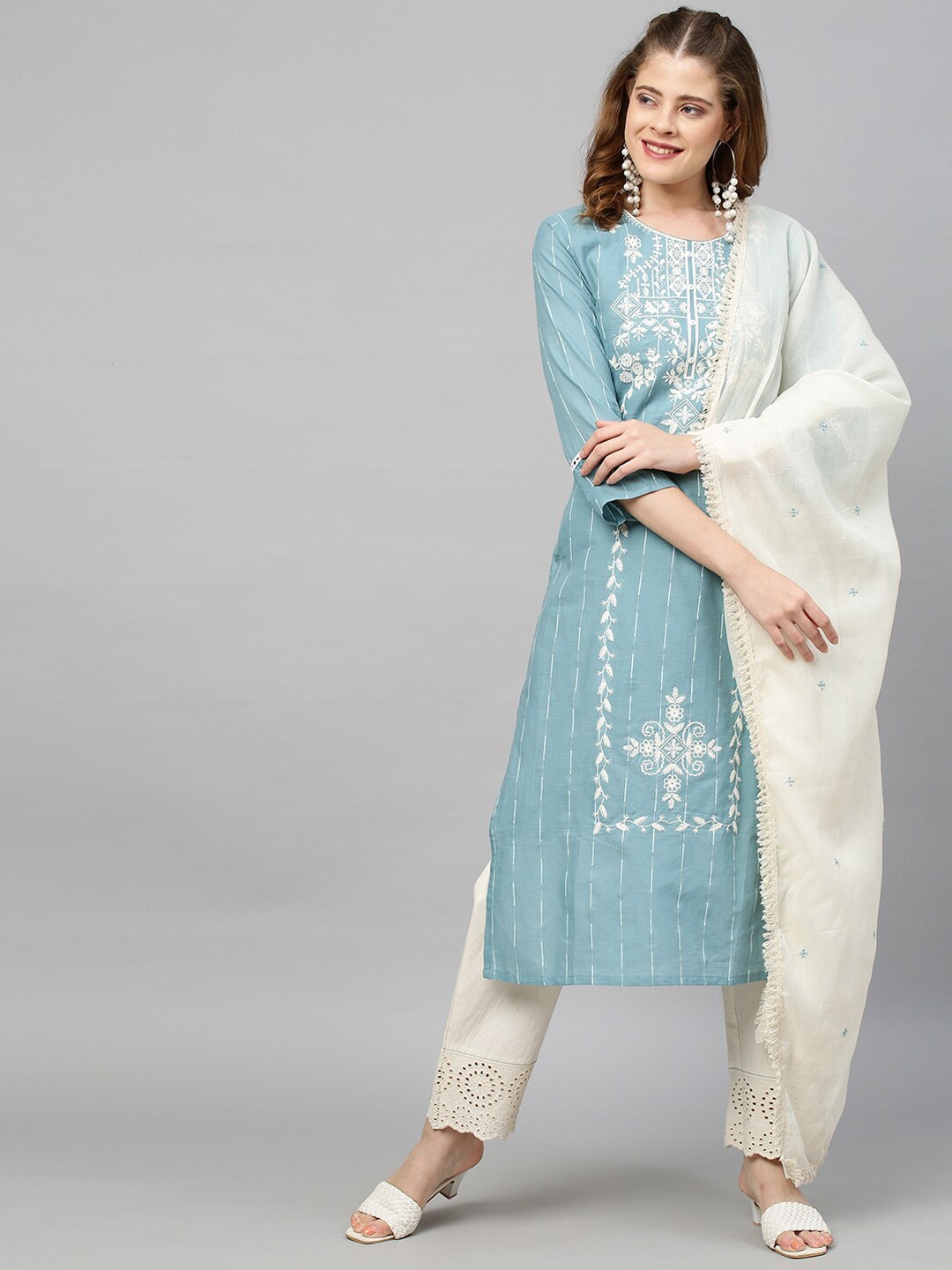 

FASHOR Women Blue Striped Empire Thread Work Kurta with Pyjamas & With Dupatta