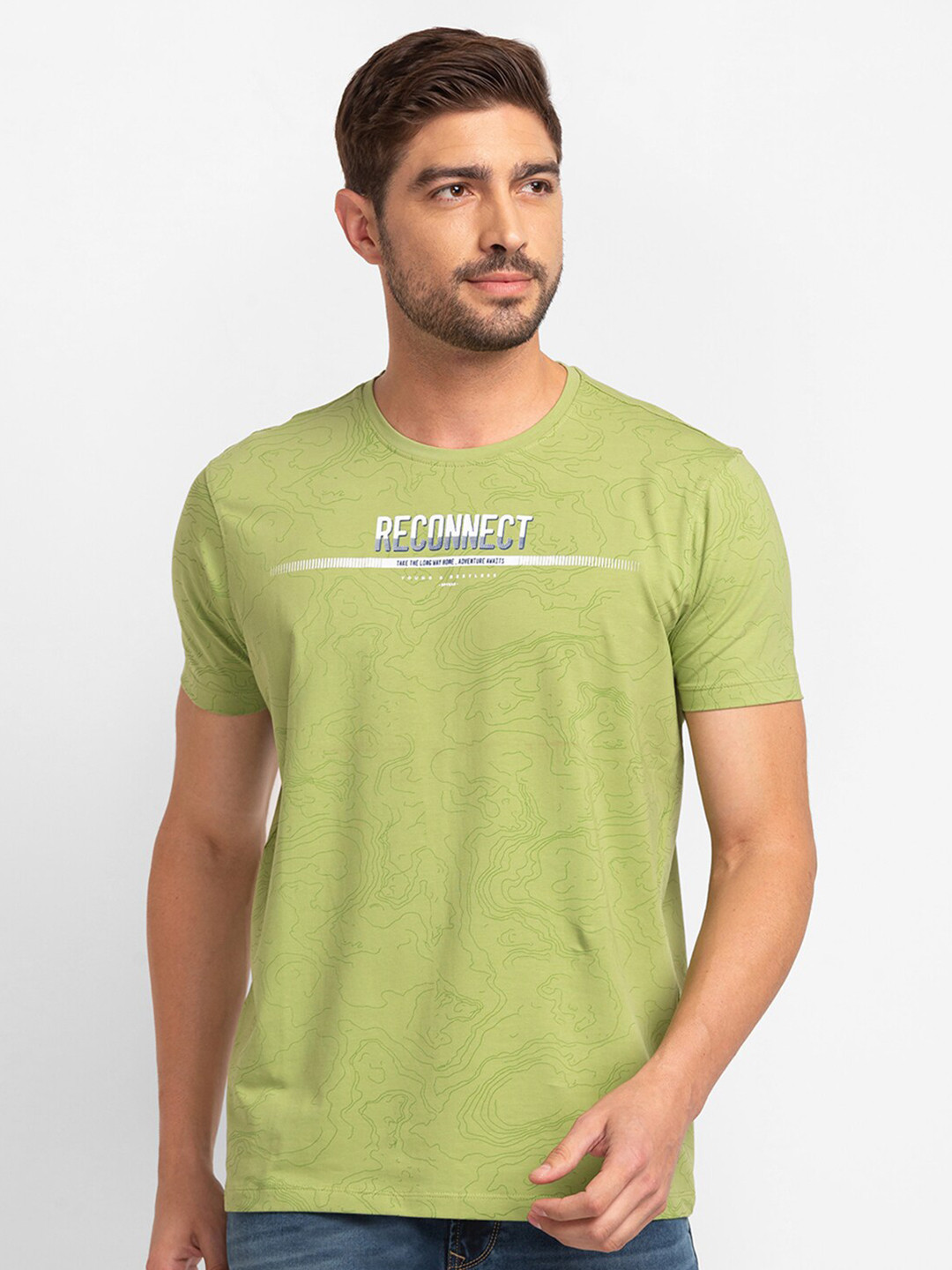 

SPYKAR Men Green Typography Printed Raw Edge Slim Fit T-shirt
