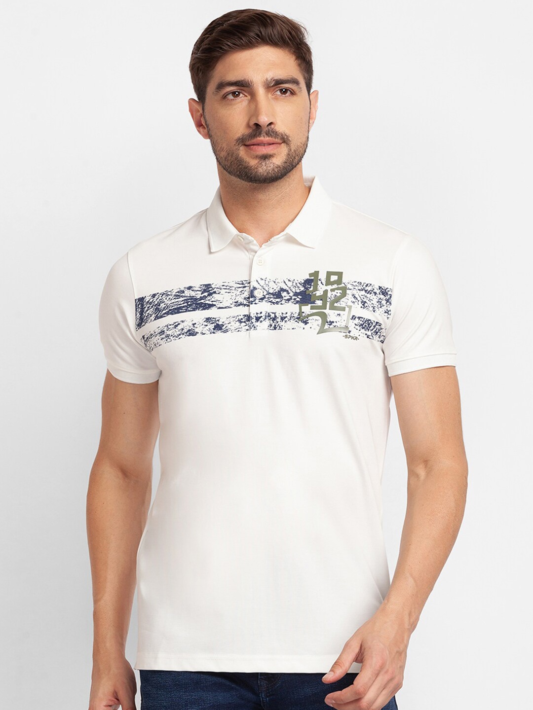 

SPYKAR Men Grey & white alyssum Typography Printed Polo Collar Slim Fit T-shirt
