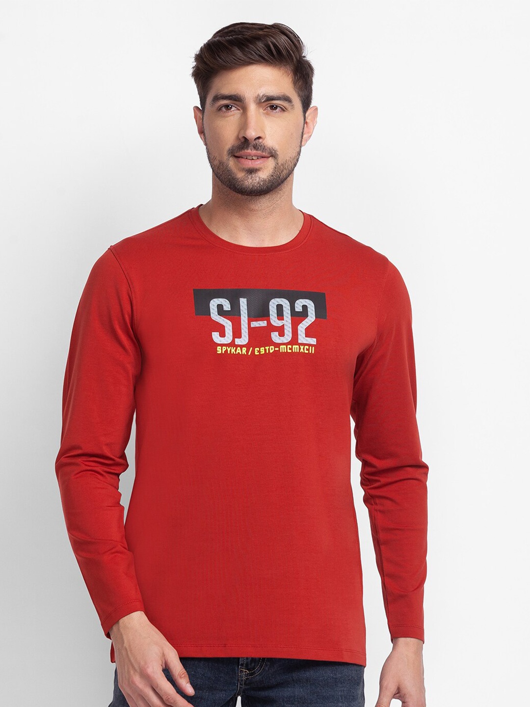 

SPYKAR Men Red Typography Printed Applique Slim Fit T-shirt