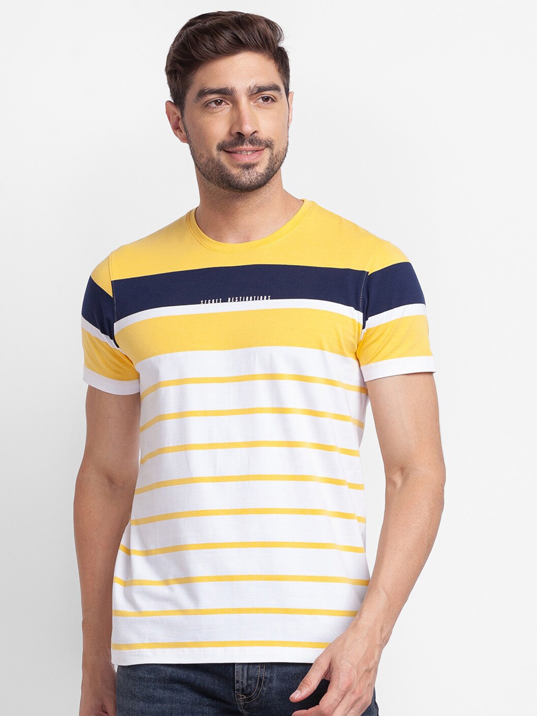 

SPYKAR Men Yellow & magnolia Striped Slim Fit T-shirt