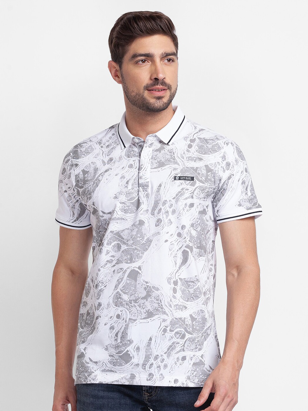 

SPYKAR Men White Printed Polo Collar Slim Fit T-shirt