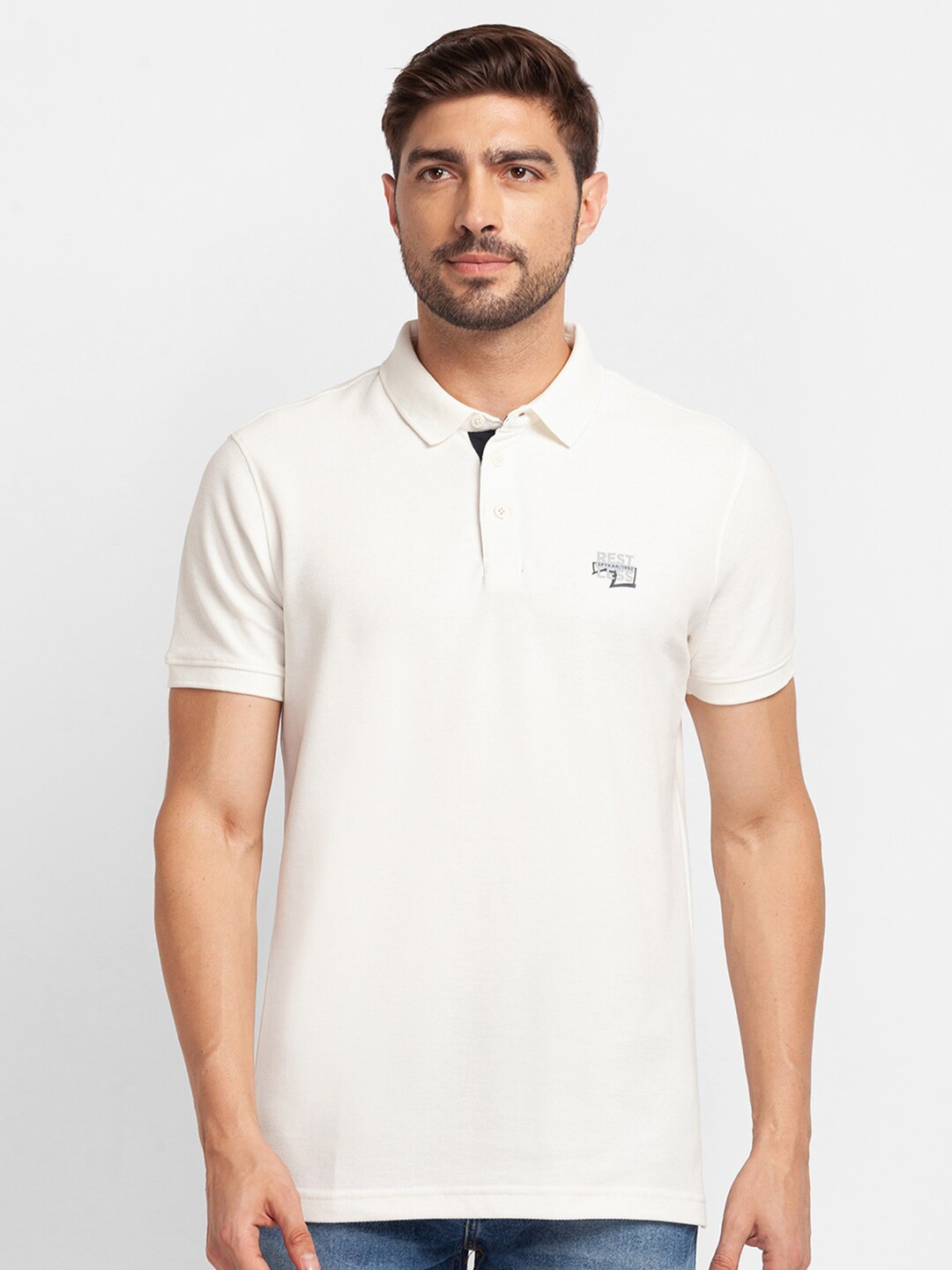 

SPYKAR Men White Polo Collar Applique Slim Fit T-shirt