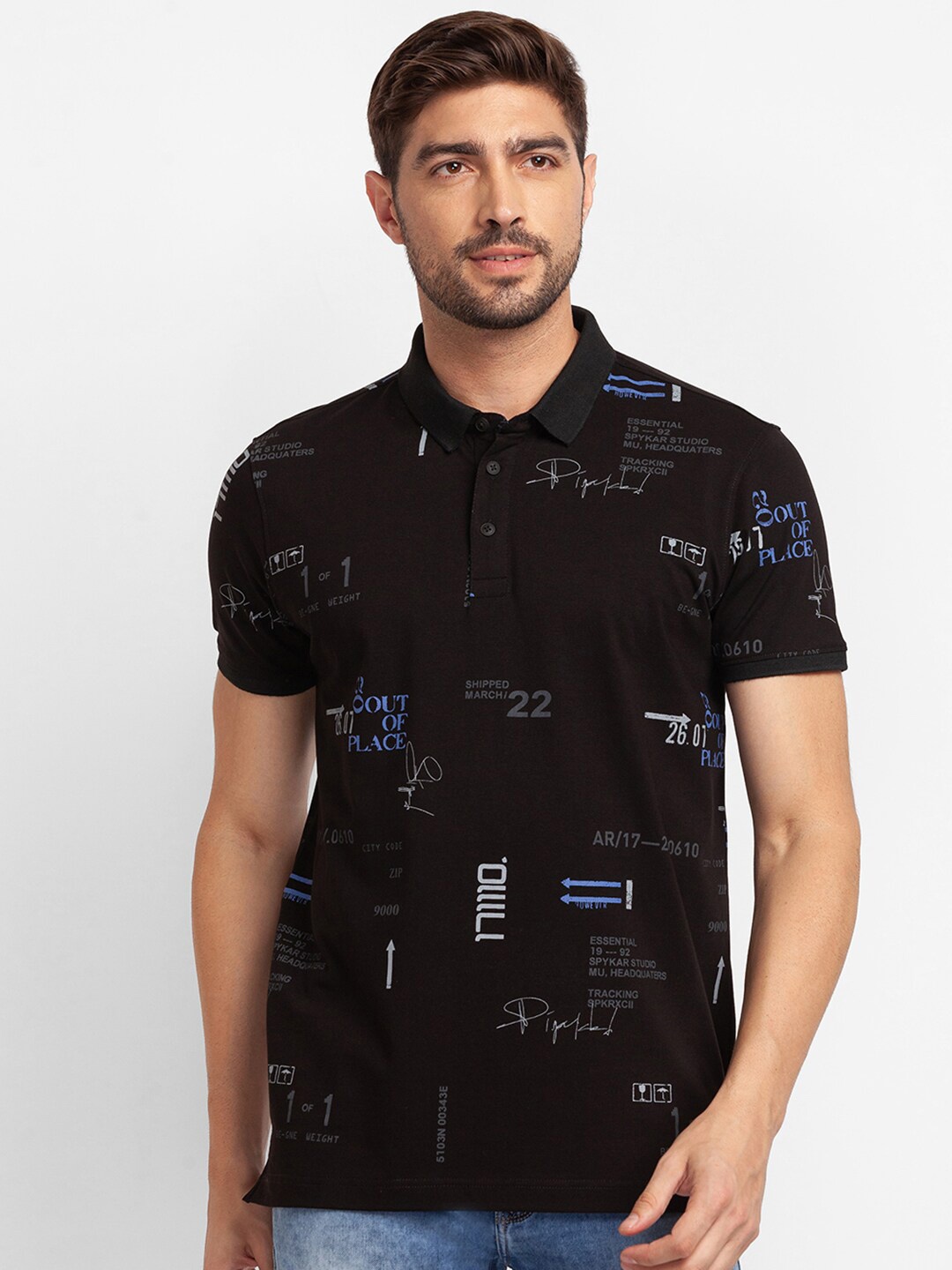 

SPYKAR Men Black & brown Printed Polo Collar Slim Fit T-shirt