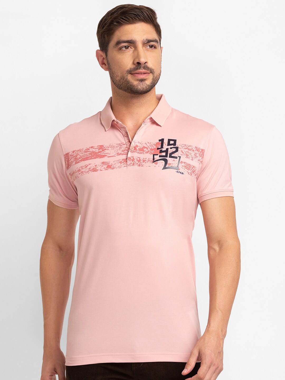 

SPYKAR Men Pink & veiled rose Typography Printed Polo Collar Applique Slim Fit T-shirt