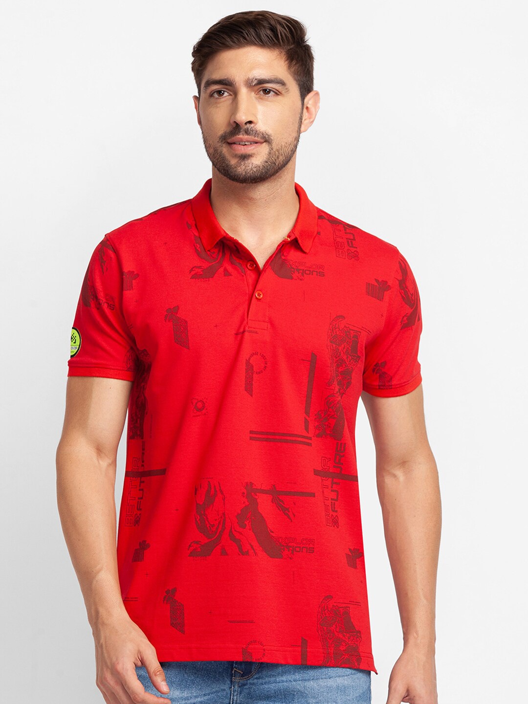 

SPYKAR Men Red & imperial red Printed Polo Collar Tropical Slim Fit T-shirt