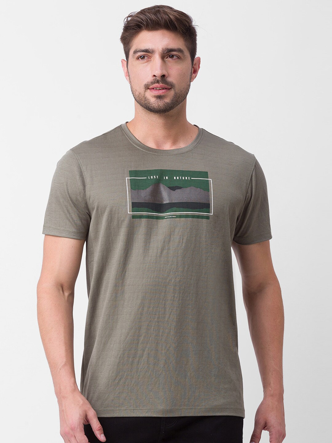 

SPYKAR Men Green & cinder Printed Slim Fit T-shirt