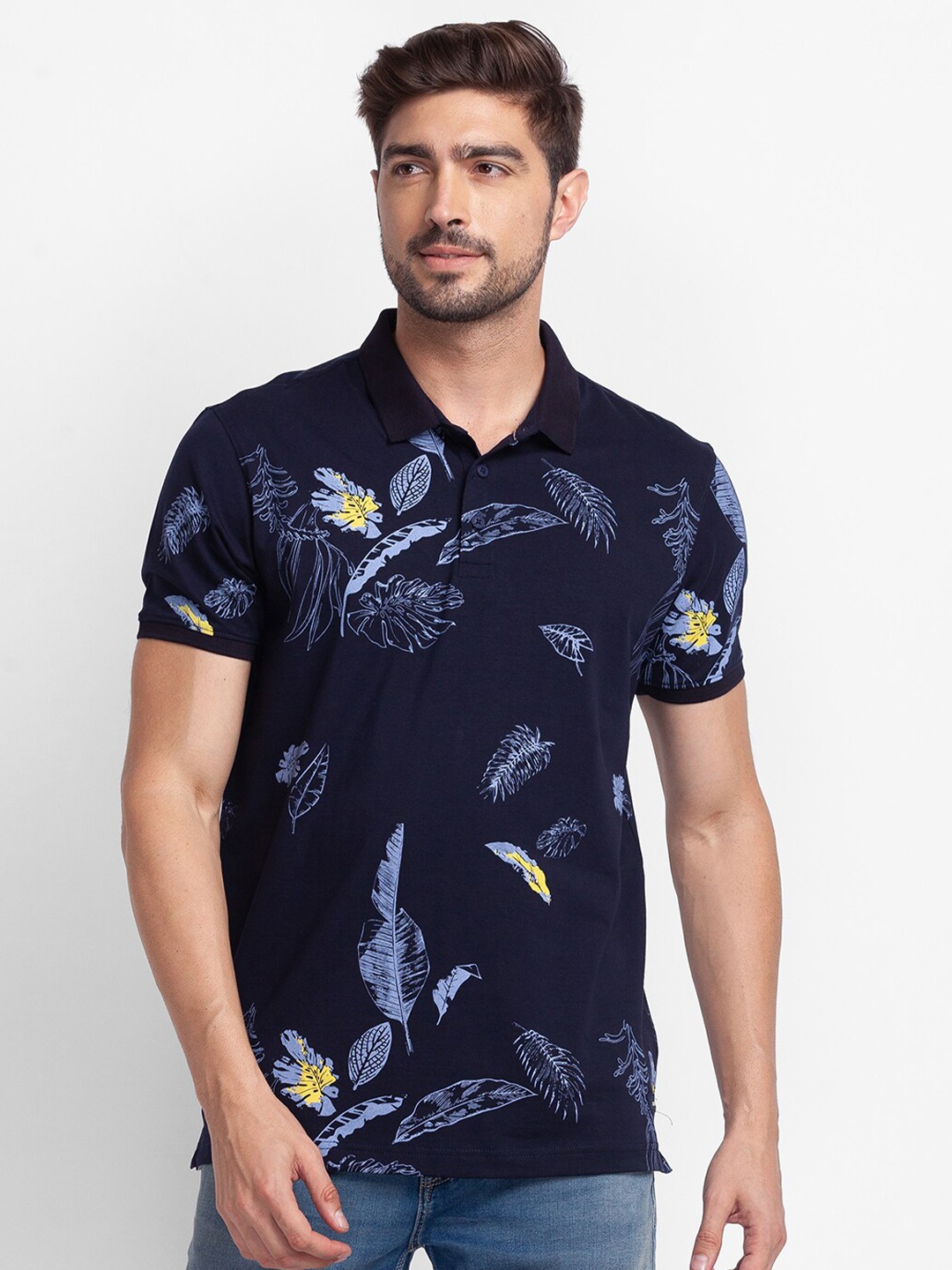 

SPYKAR Men Blue Floral Printed Polo Collar Tropical Slim Fit T-shirt