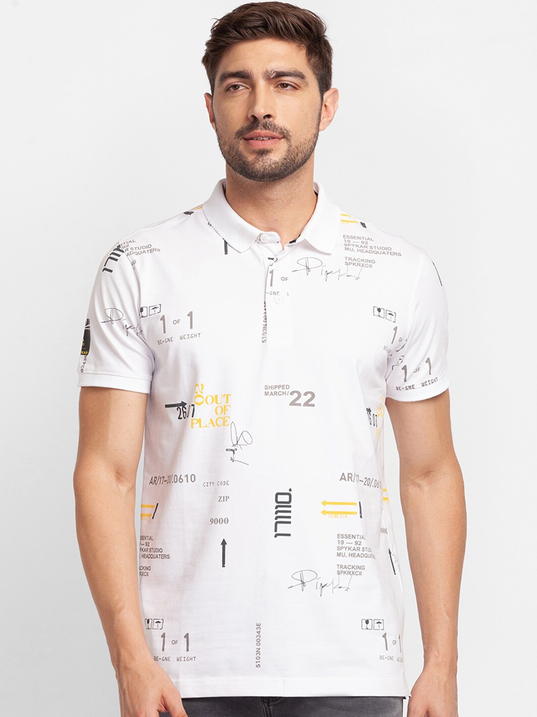 

SPYKAR Men White Printed Polo Collar Slim Fit T-shirt