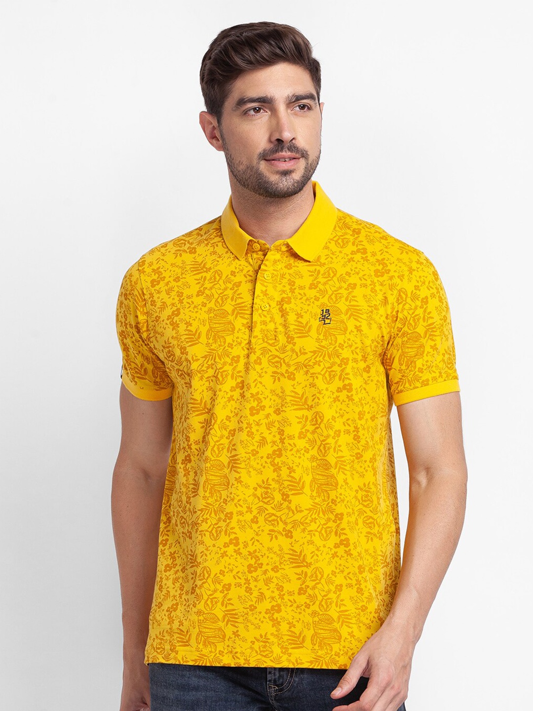 

SPYKAR Men Yellow & amber Printed Polo Collar Slim Fit T-shirt