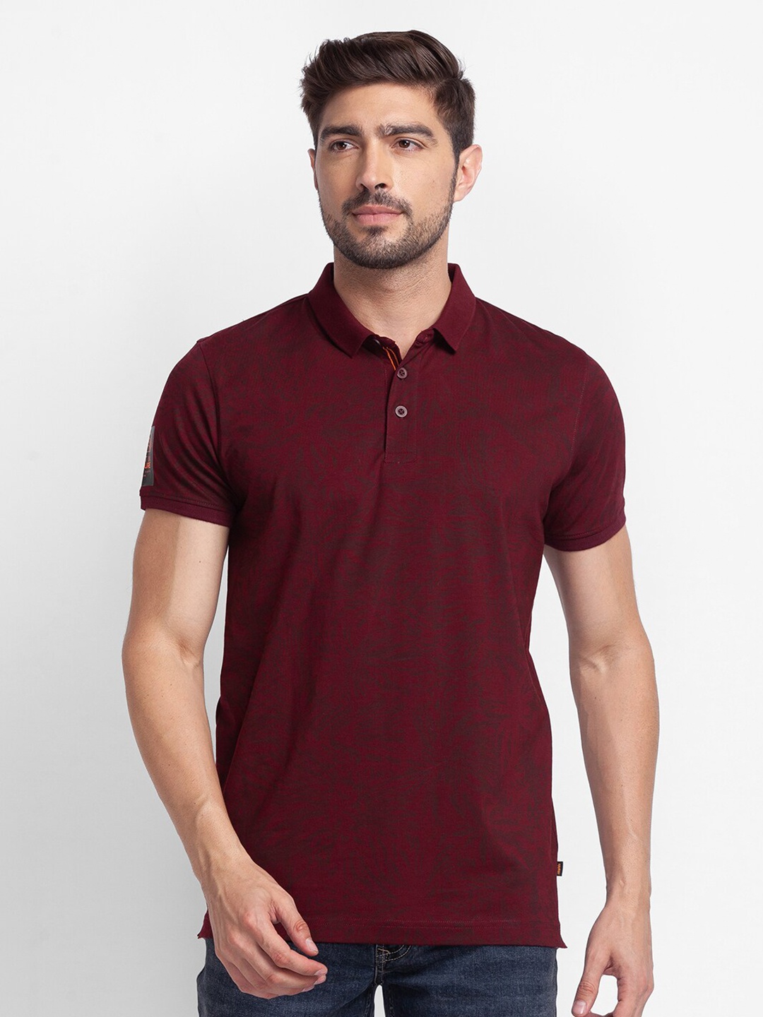 

SPYKAR Men Red & light chocolate cosmos Polo Collar Slim Fit T-shirt