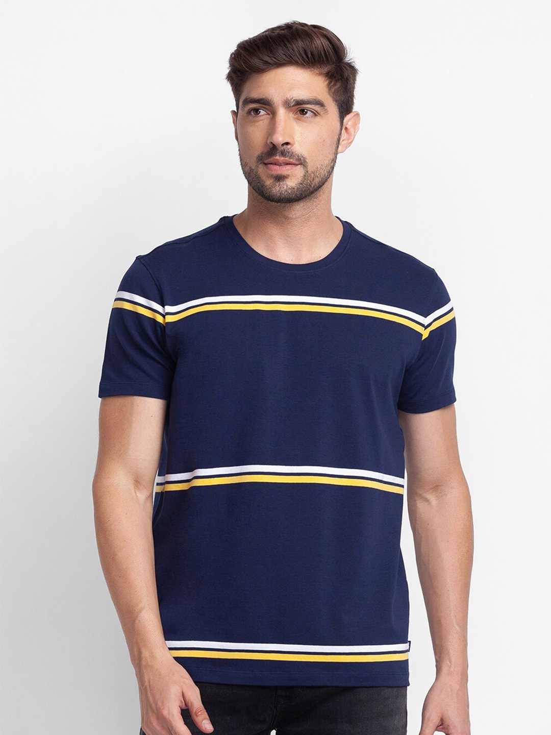 

SPYKAR Men Blue & space cadet Striped Slim Fit T-shirt