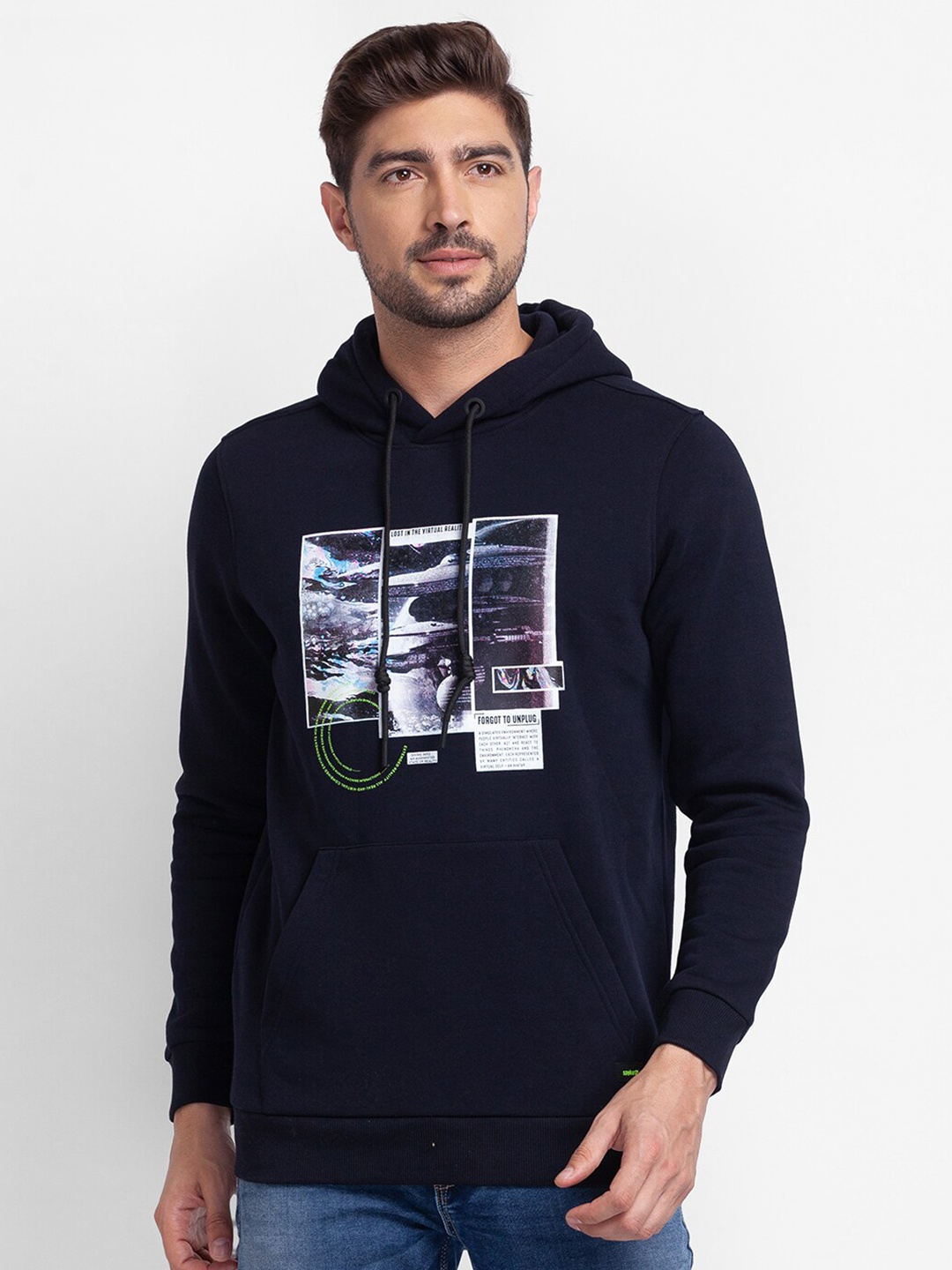 

SPYKAR Men Blue Printed Hooded Sweatshirt