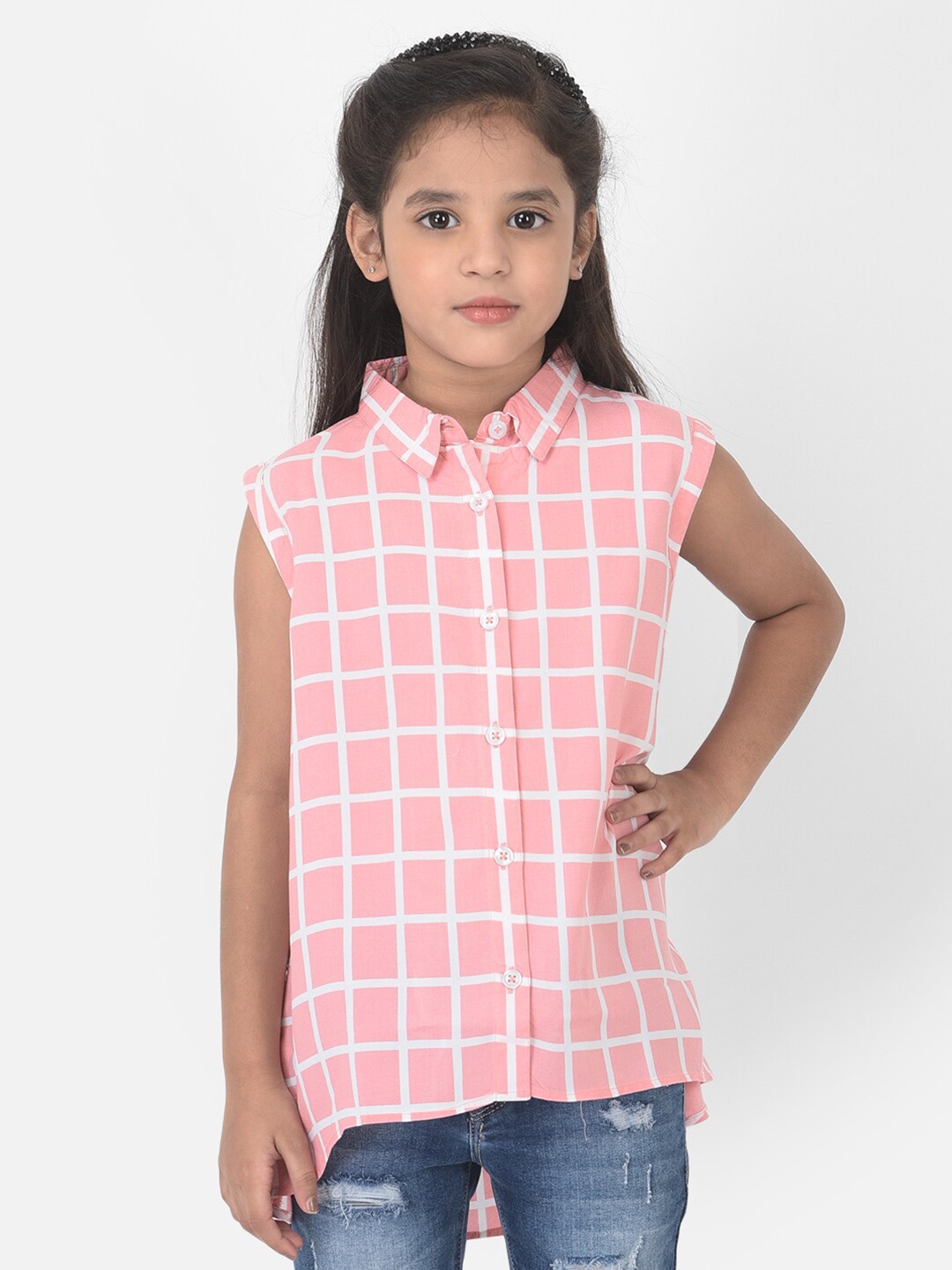 

Crimsoune Club Girls Pink Comfort Windowpane Checks Checked Casual Shirt