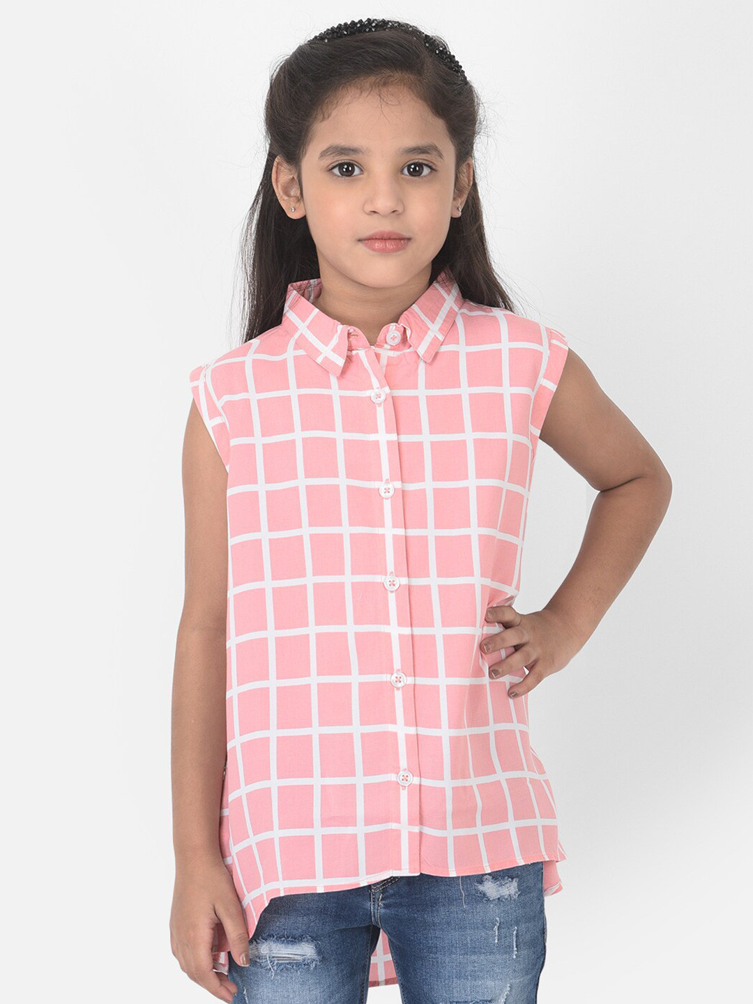 

Crimsoune Club Girls Pink Comfort Windowpane Checks Checked Casual Shirt
