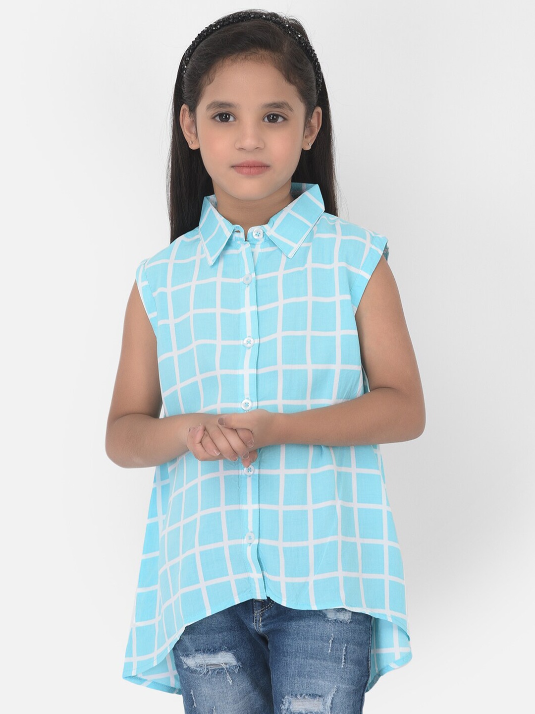 

Crimsoune Club Girls Blue Comfort Windowpane Checks Checked Casual Shirt