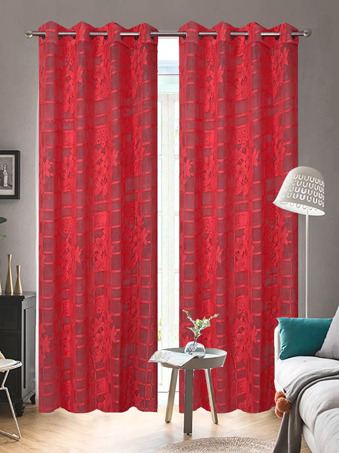 

WEAVERS VILLA Maroon Set of 2 Floral Sheer Door Curtain